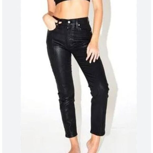 Revice Black Venus Star Coated Denim Cropped Jeans Sz‎ 25 Shiny Straight Leg - Picture 13 of 14